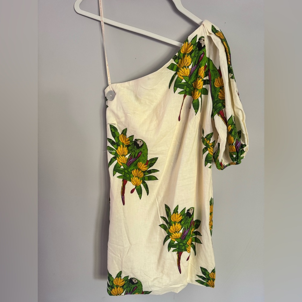 FARM Rio One-Shoulder Dress with Parrot Print - Cream and Green